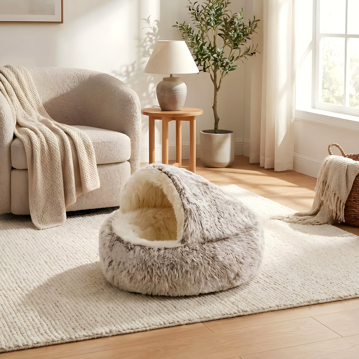 Panier couvert en peluche avec couverture pour petit chien