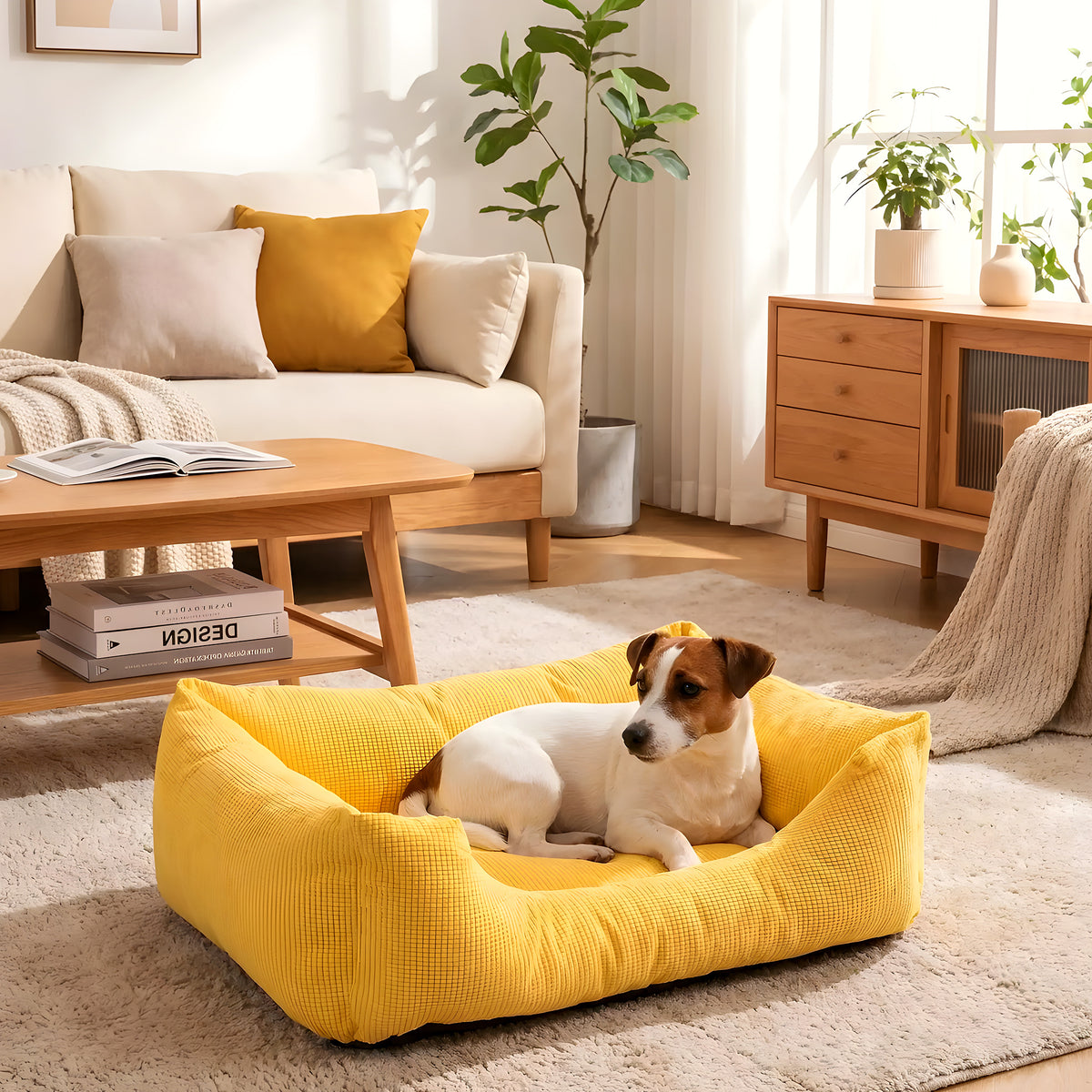 Panier déhoussable en velours jaune, orange ou marron