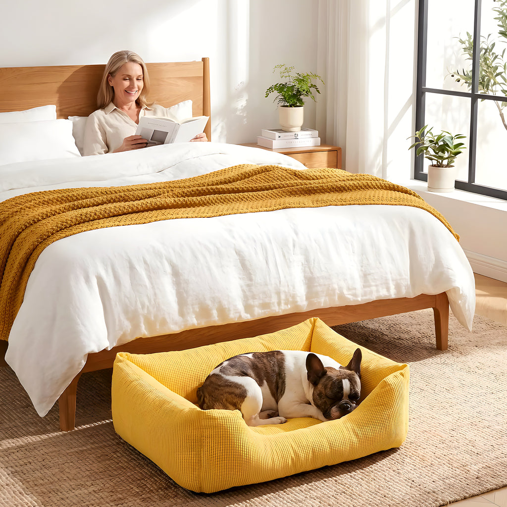 Panier déhoussable en velours jaune, orange ou marron