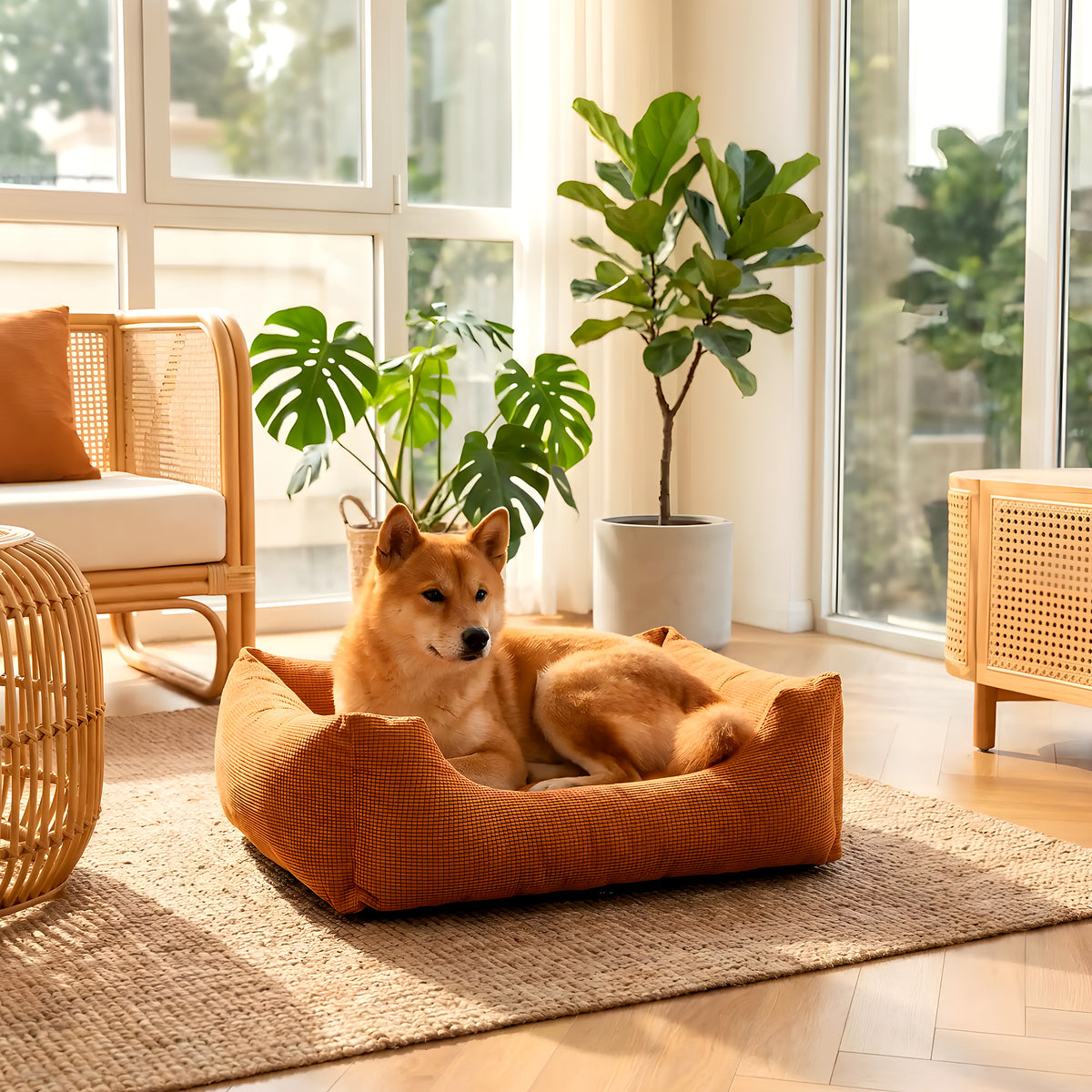Panier déhoussable en velours jaune, orange ou marron