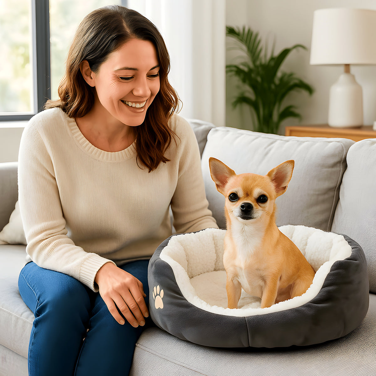 Panier douillet gris et blanc pour chihuahua