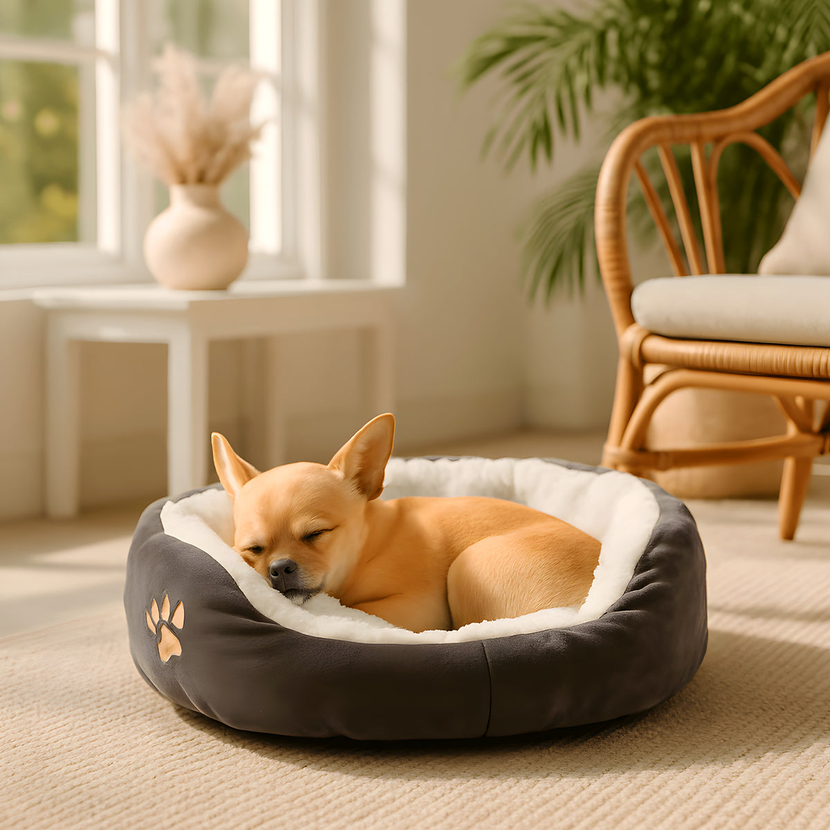 Panier douillet gris et blanc pour chihuahua