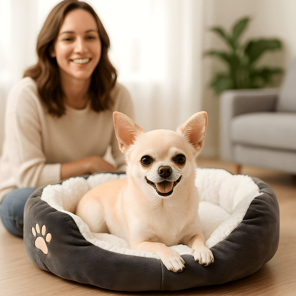 Panier douillet gris et blanc pour chihuahua