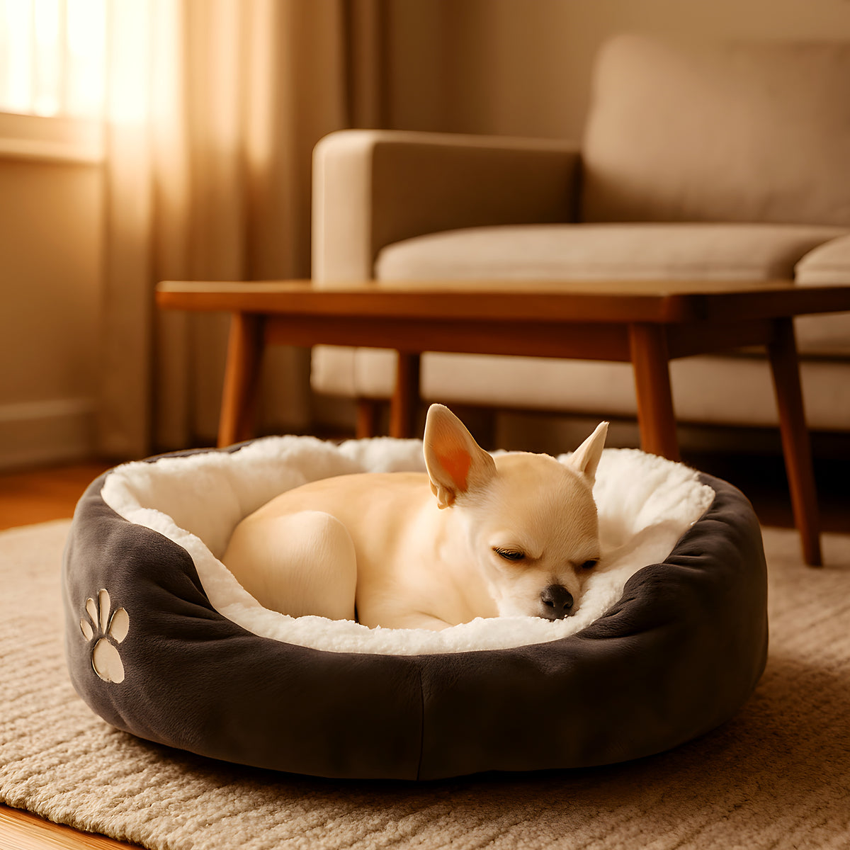 Panier douillet gris et blanc pour chihuahua