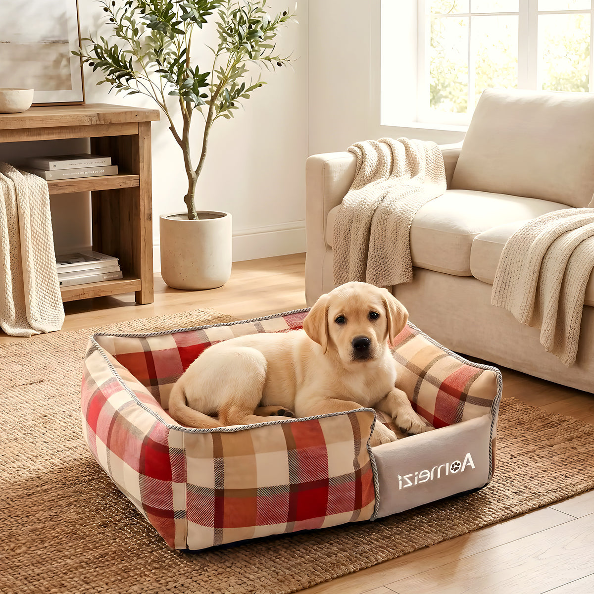 Panier écossais déhoussable pour chiot, rouge, bleu ou gris