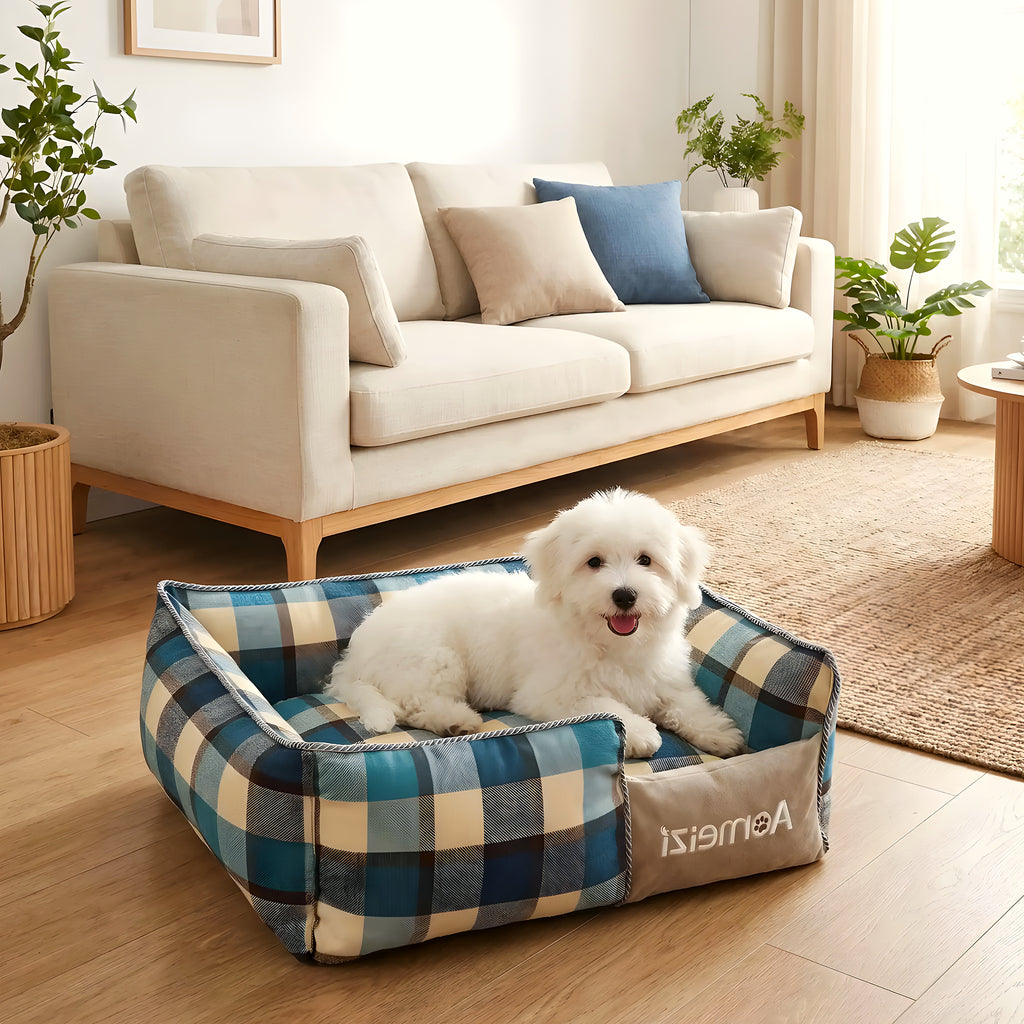 Panier écossais déhoussable pour chiot, rouge, bleu ou gris