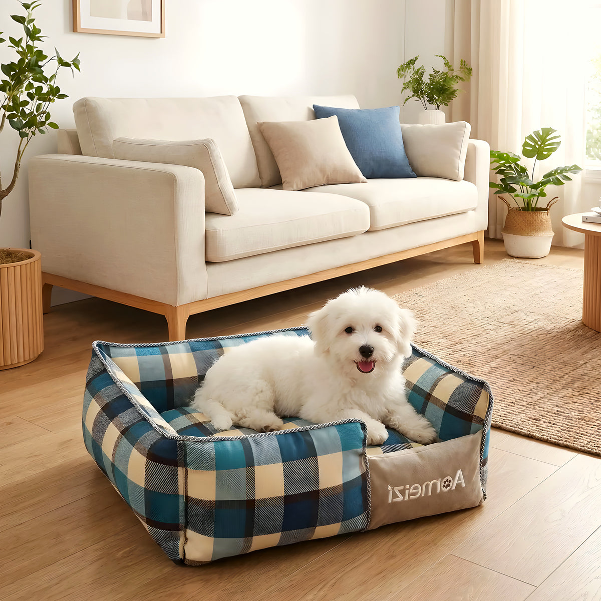 Panier écossais déhoussable pour chiot, rouge, bleu ou gris