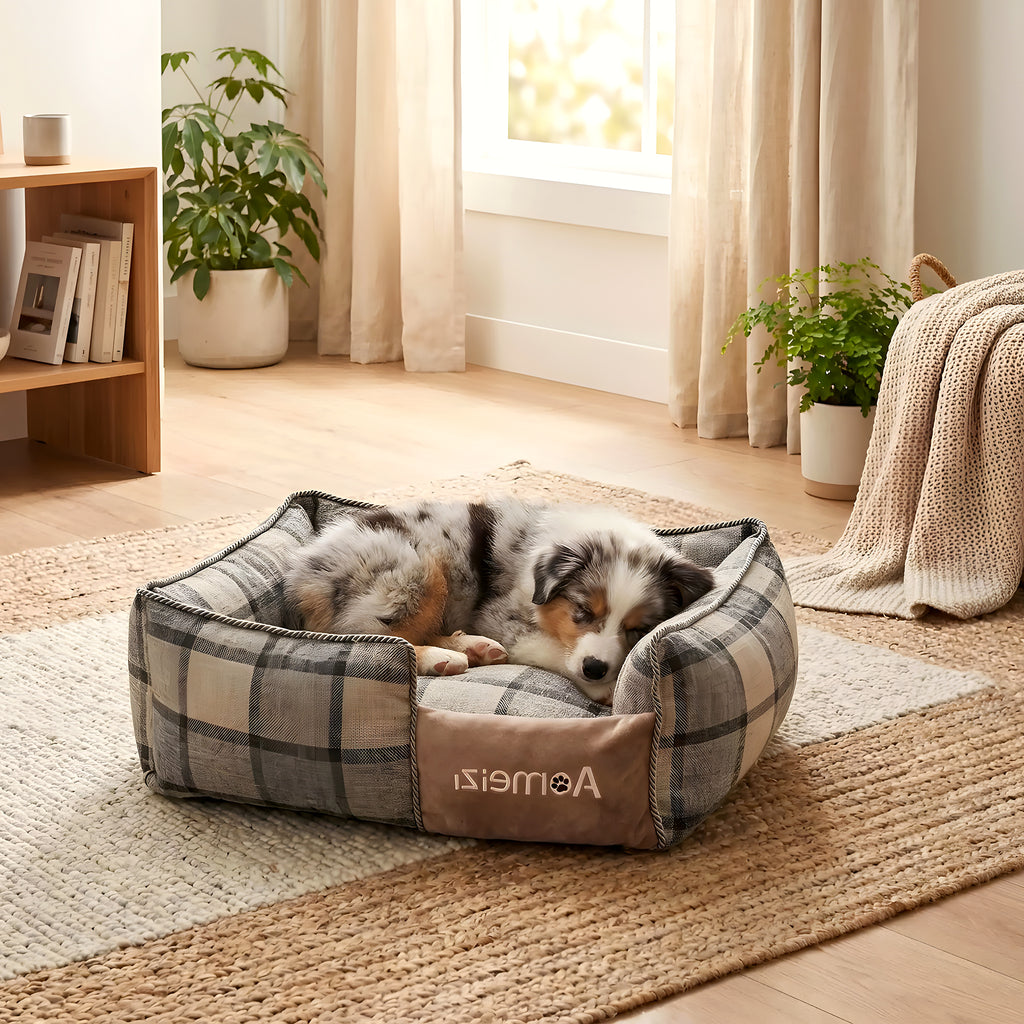 Panier écossais déhoussable pour chiot, rouge, bleu ou gris