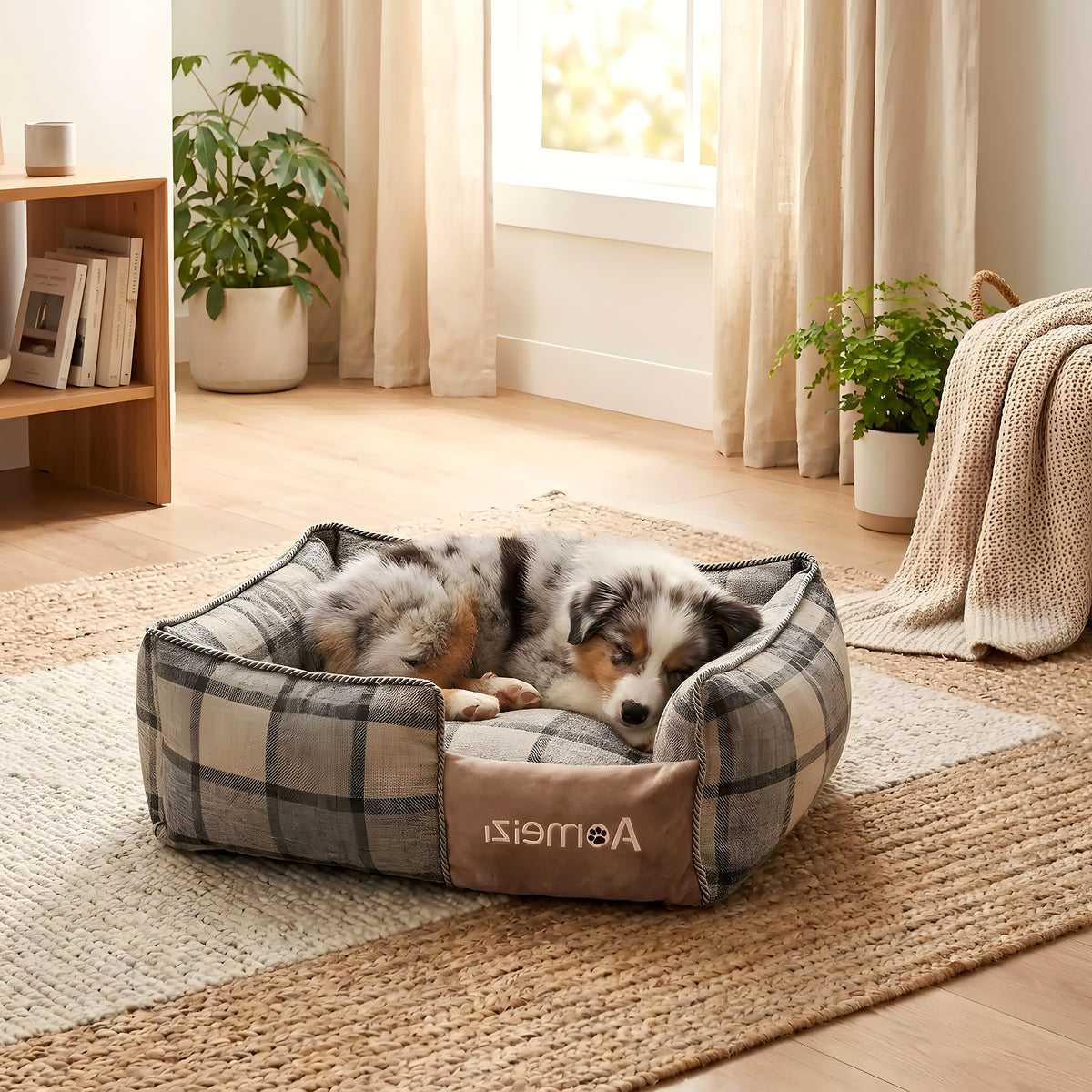 Panier écossais déhoussable pour chiot, rouge, bleu ou gris