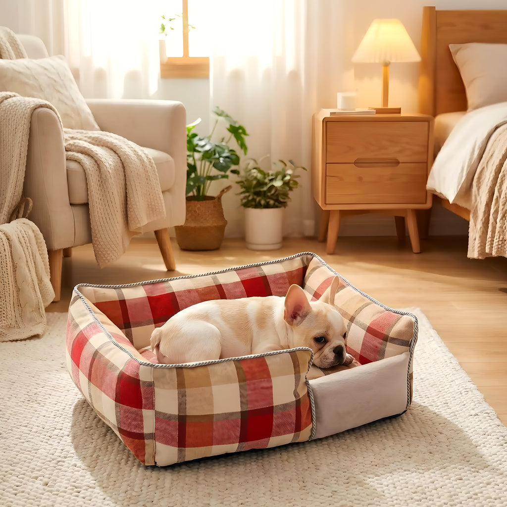 Panier écossais déhoussable pour chiot, rouge, bleu ou gris
