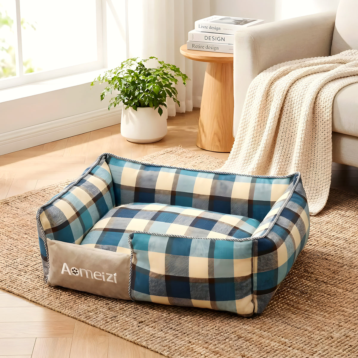 Panier écossais déhoussable pour chiot, rouge, bleu ou gris