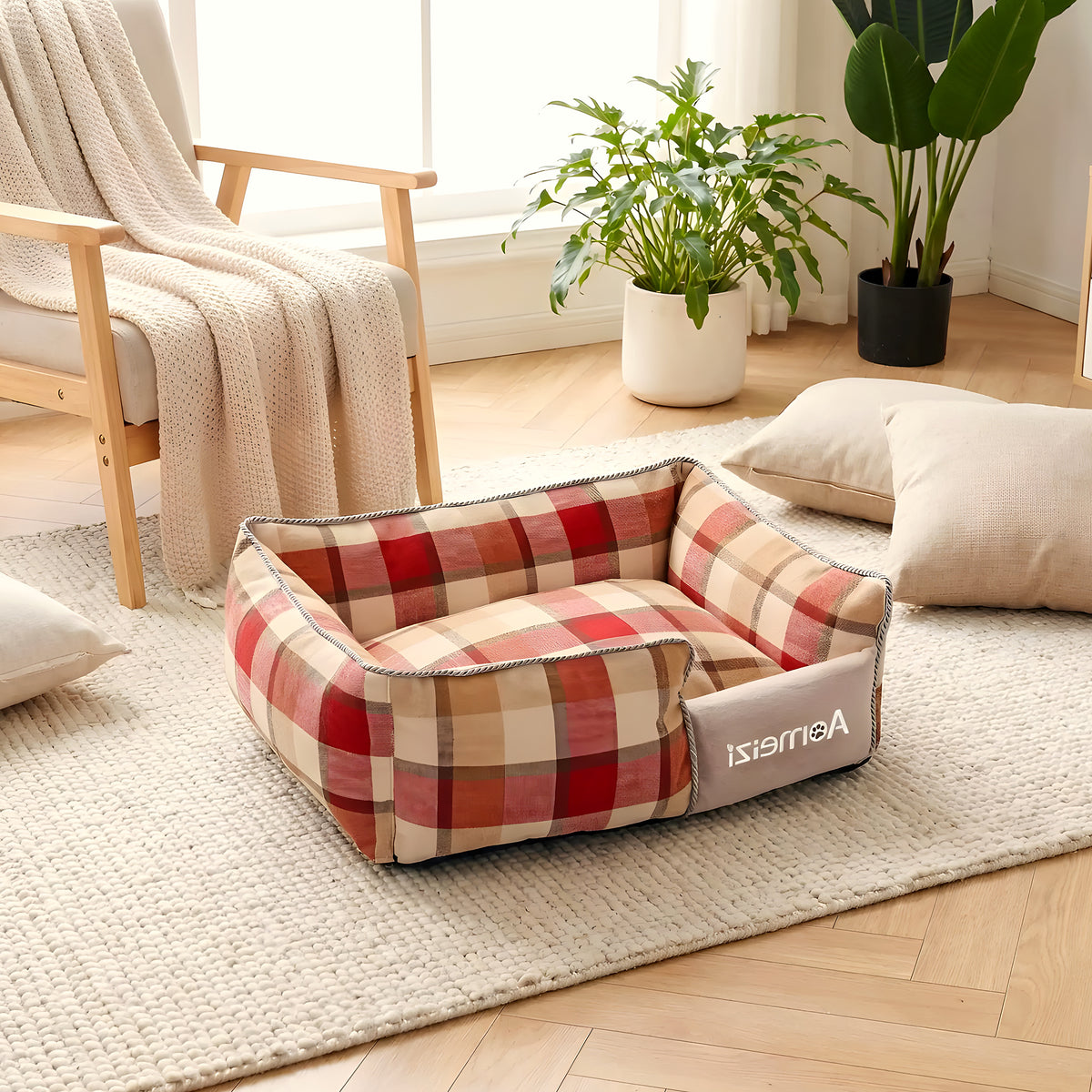 Panier écossais déhoussable pour chiot, rouge, bleu ou gris