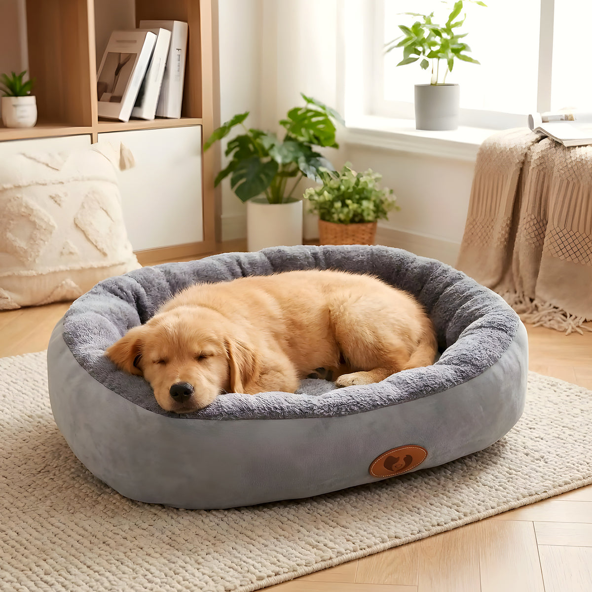 Panier en peluche épaisse à rebord 360° pour chiot