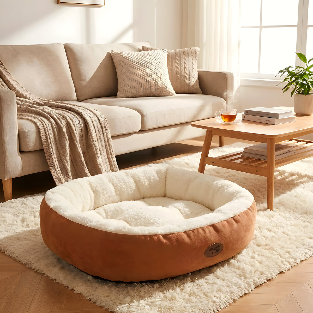 Panier en peluche épaisse à rebord 360° pour chiot