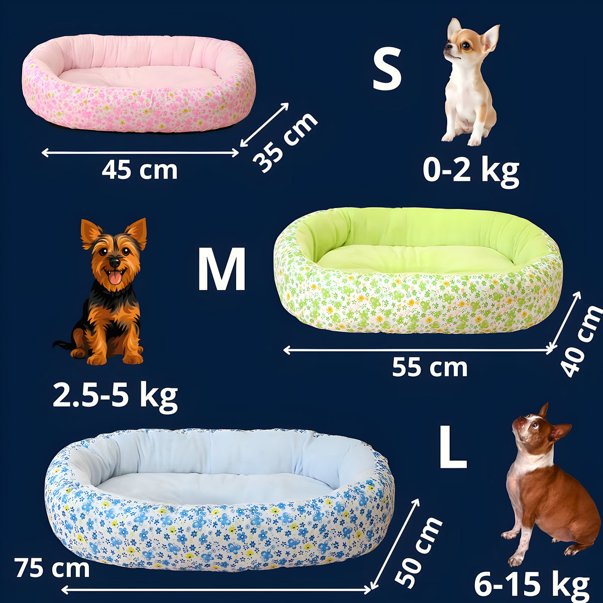 Panier fleuri 100 % coton pour chien, 3 couleurs pastel