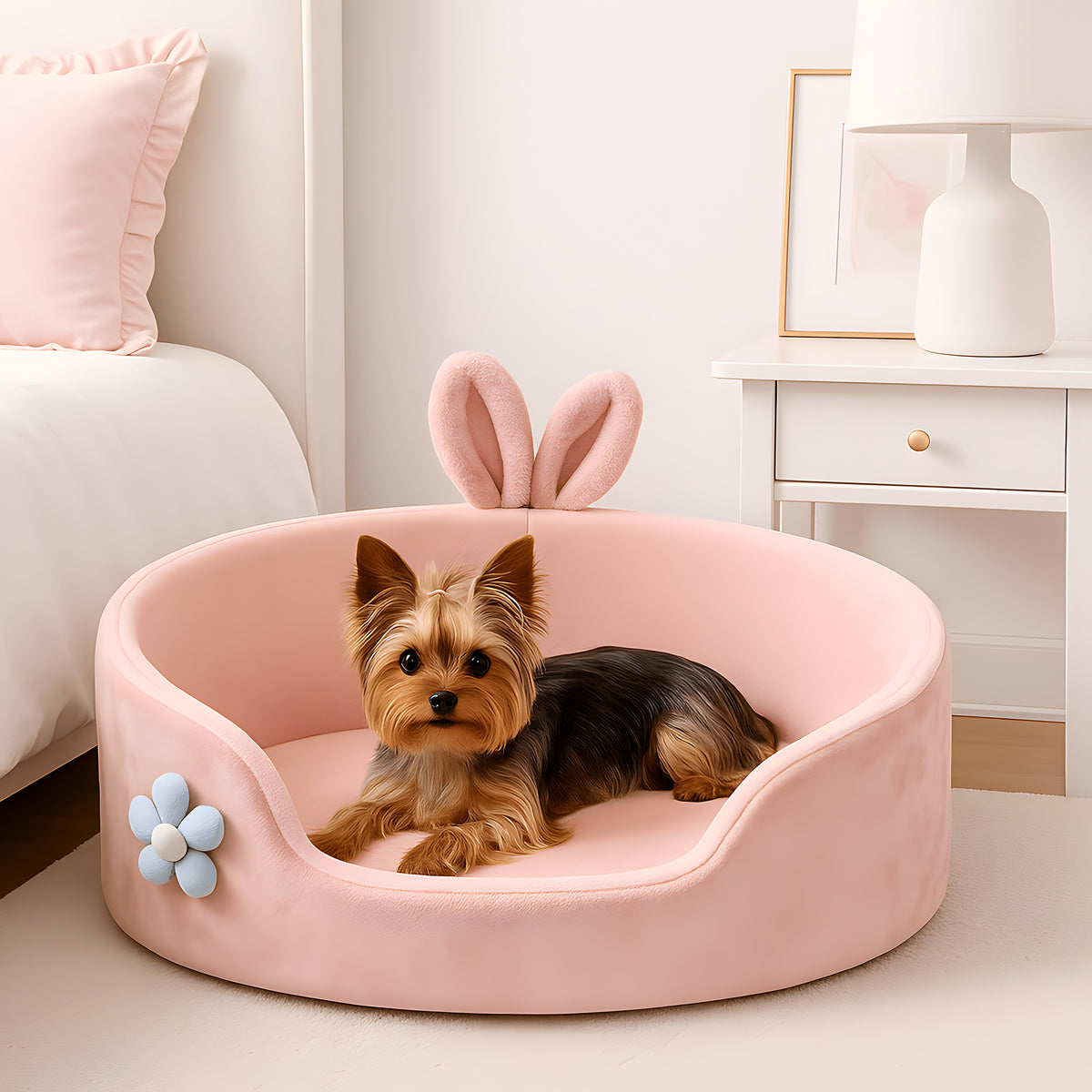 Panier lapin rose anti-stress pour petit chien