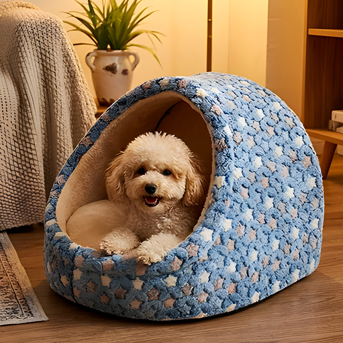 Panier niche en arche motif étoiles pour petit chien