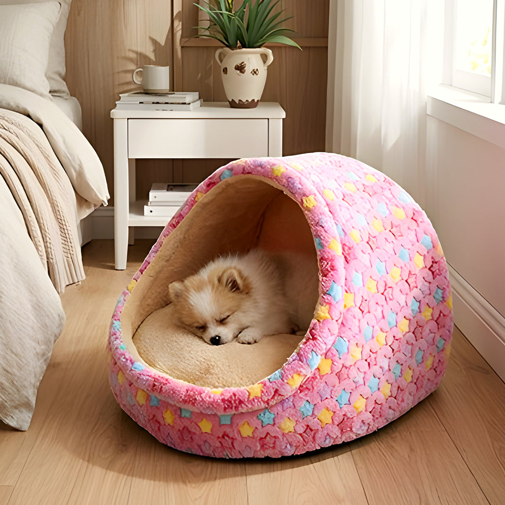 Panier niche en arche motif étoiles pour petit chien