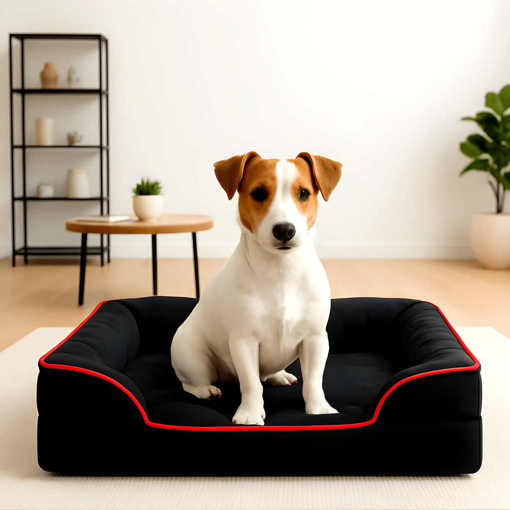 Panier orthopédique noir en velours côtelé pour petit chien