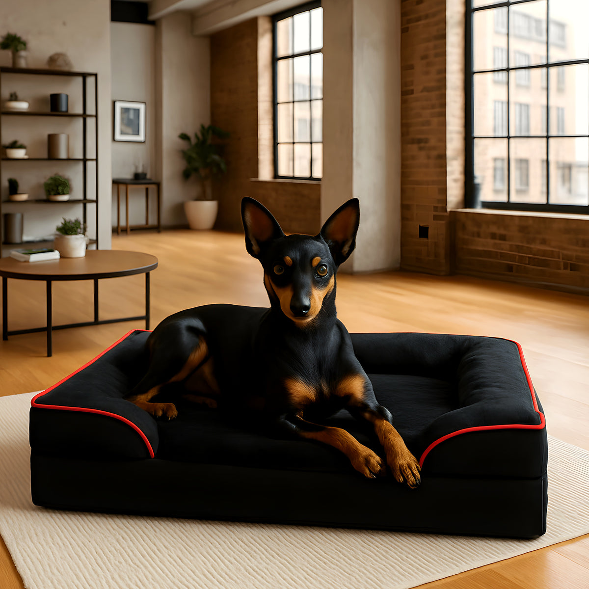 Panier orthopédique noir en velours côtelé pour petit chien