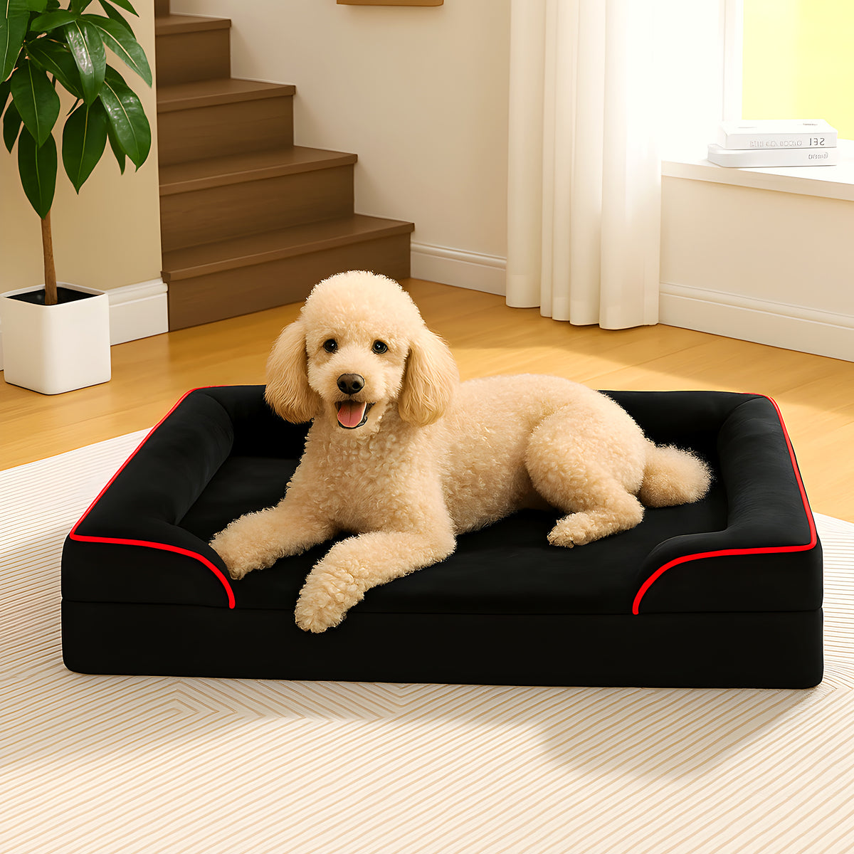Panier orthopédique noir en velours côtelé pour petit chien