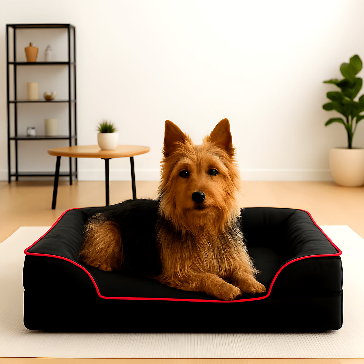 Panier orthopédique noir en velours côtelé pour petit chien