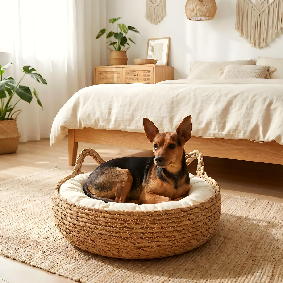 Panière en osier artisanale avec coussin pour chiot