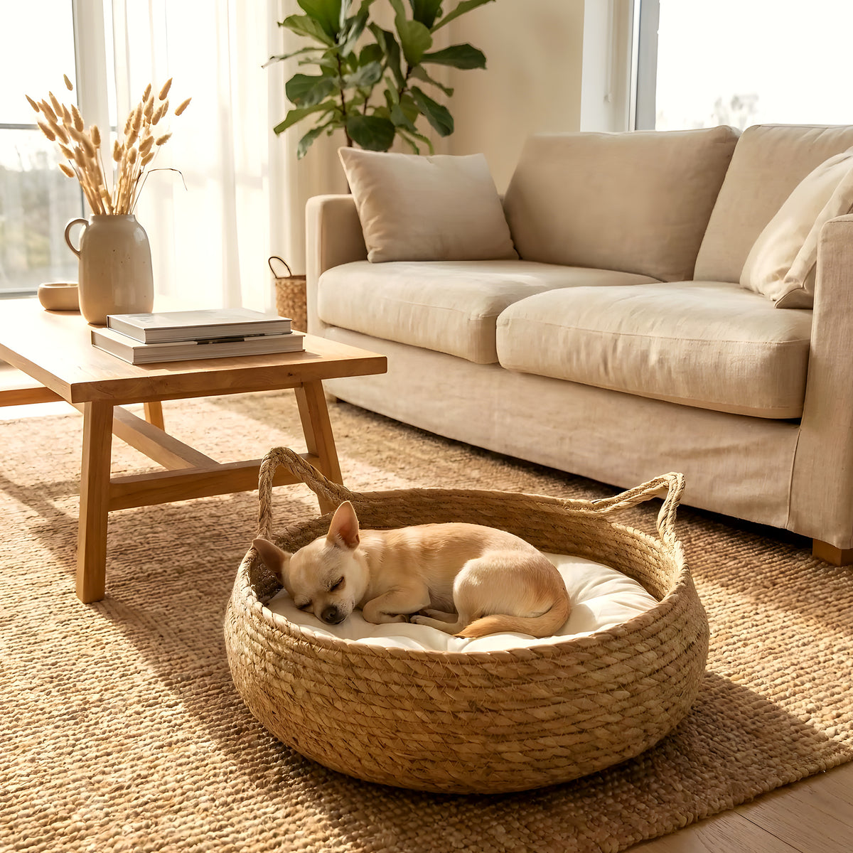 Panière en osier artisanale avec coussin pour chiot