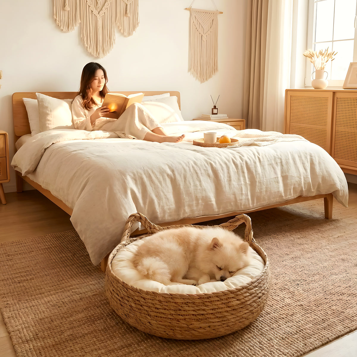 Panière en osier artisanale avec coussin pour chiot