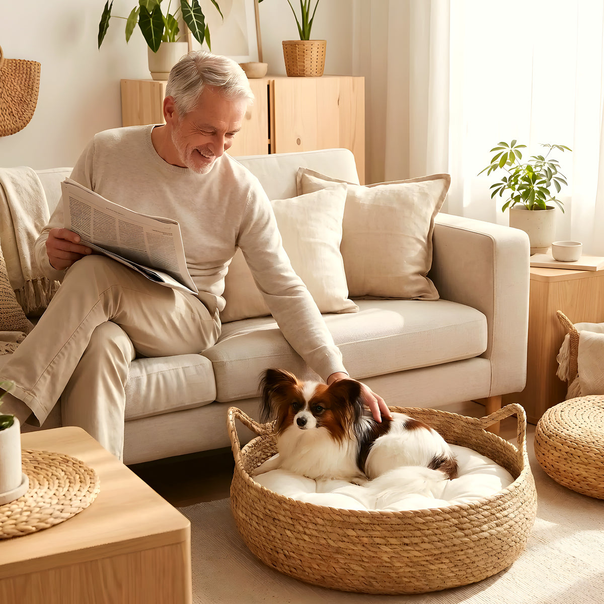 Panière en osier artisanale avec coussin pour chiot