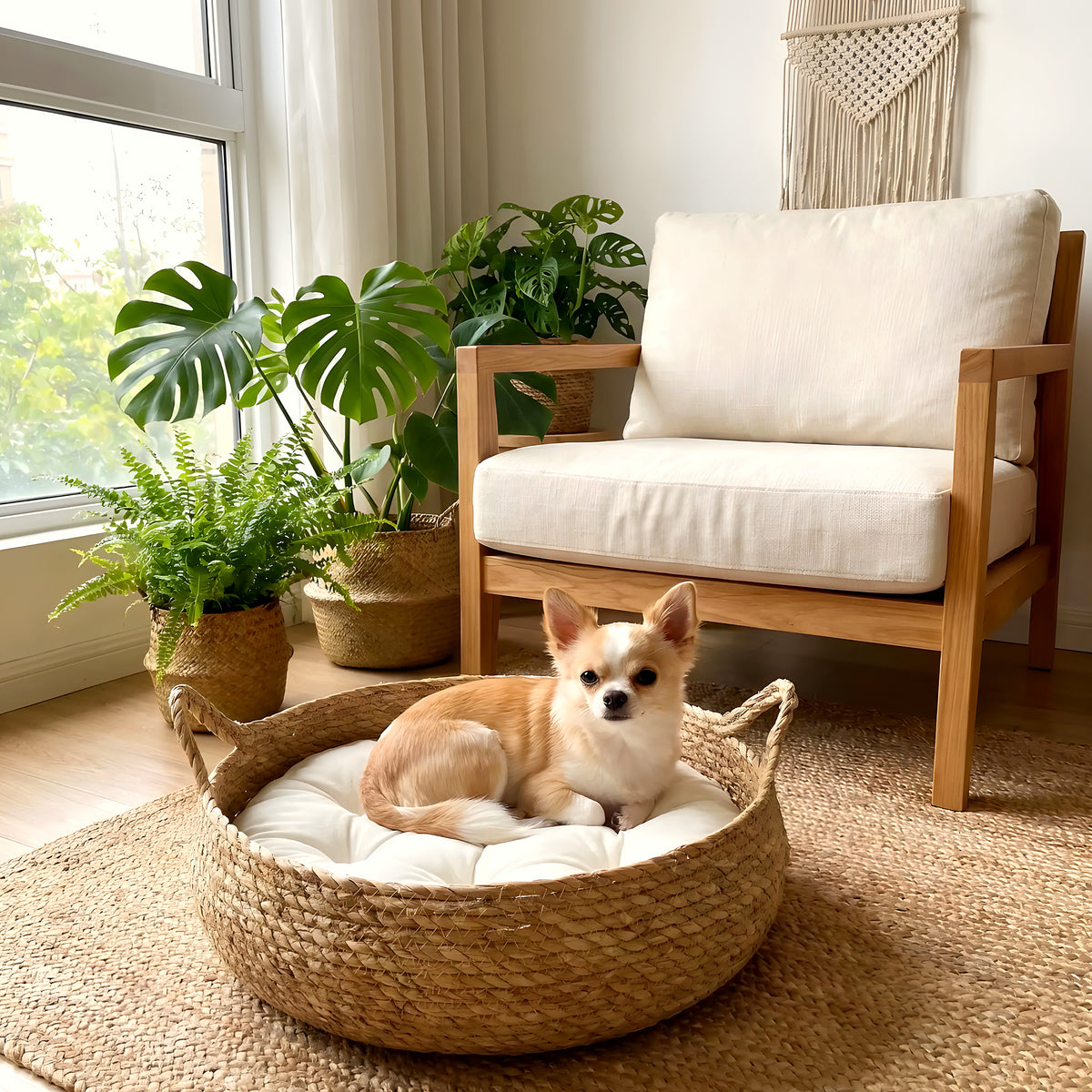 Panière en osier artisanale avec coussin pour chiot