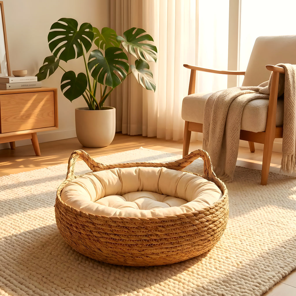 Panière en osier artisanale avec coussin pour chiot