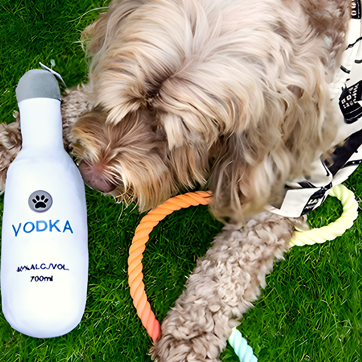 Peluche bouteille de vodka qui couine pour chien