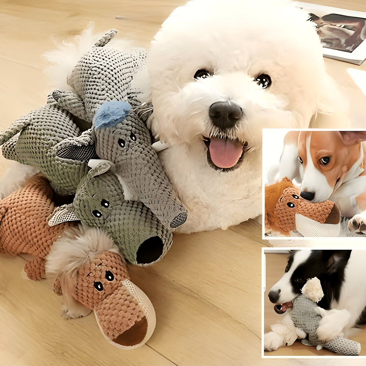 Peluche couineuse lion ou éléphant pour chien