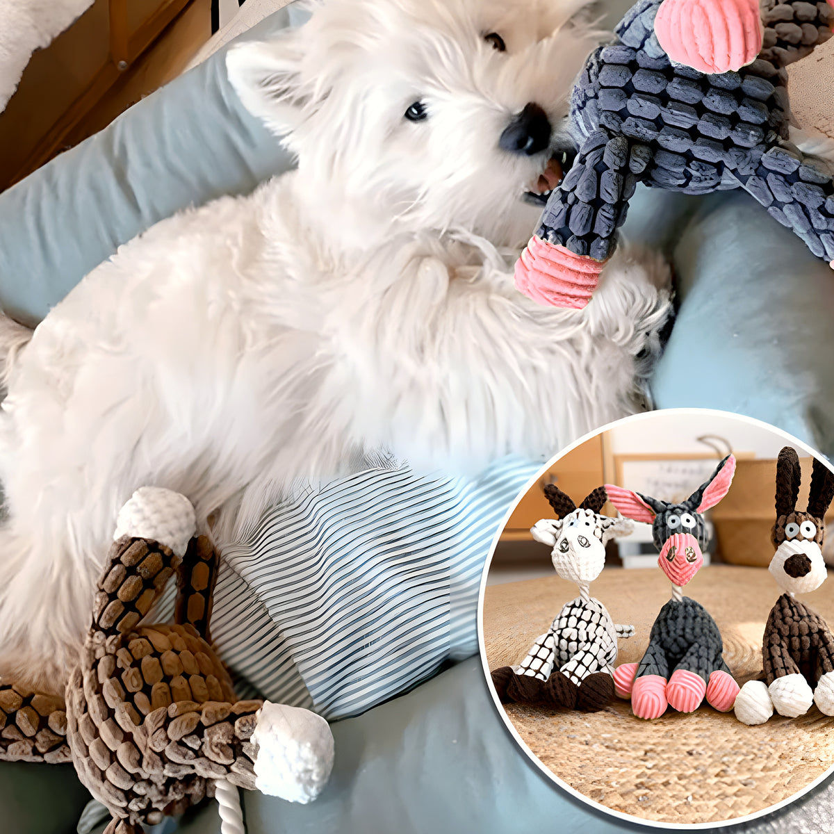Peluche interactive âne, chien ou girafe pour chien