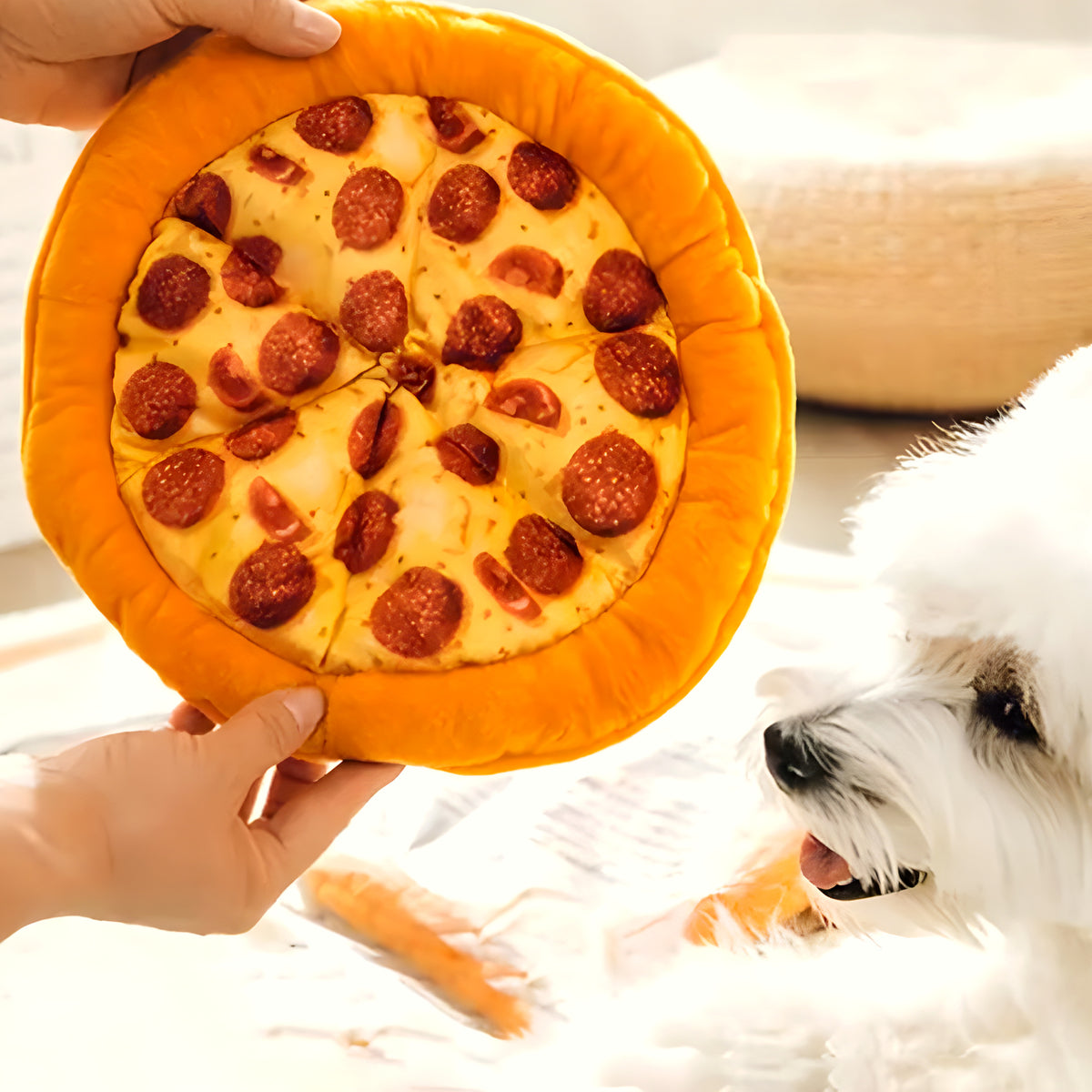 Peluche pizza ou donut qui couine pour chien