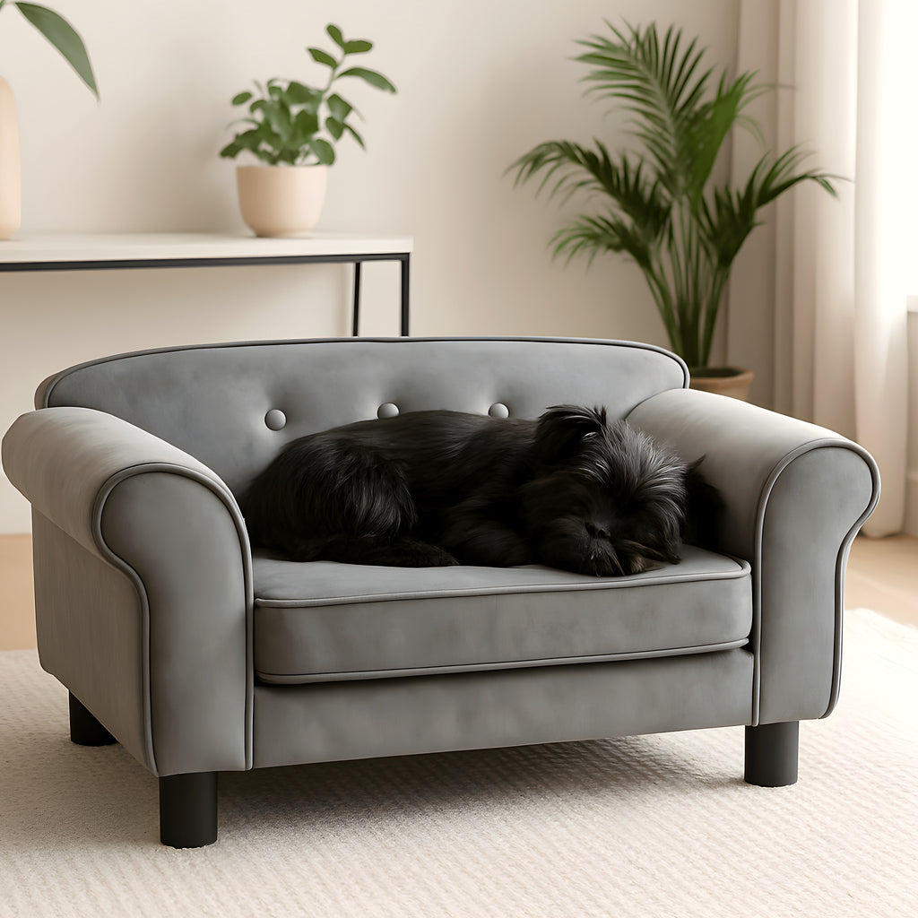 Petit canapé capitonné gris en peluche pour mini chien