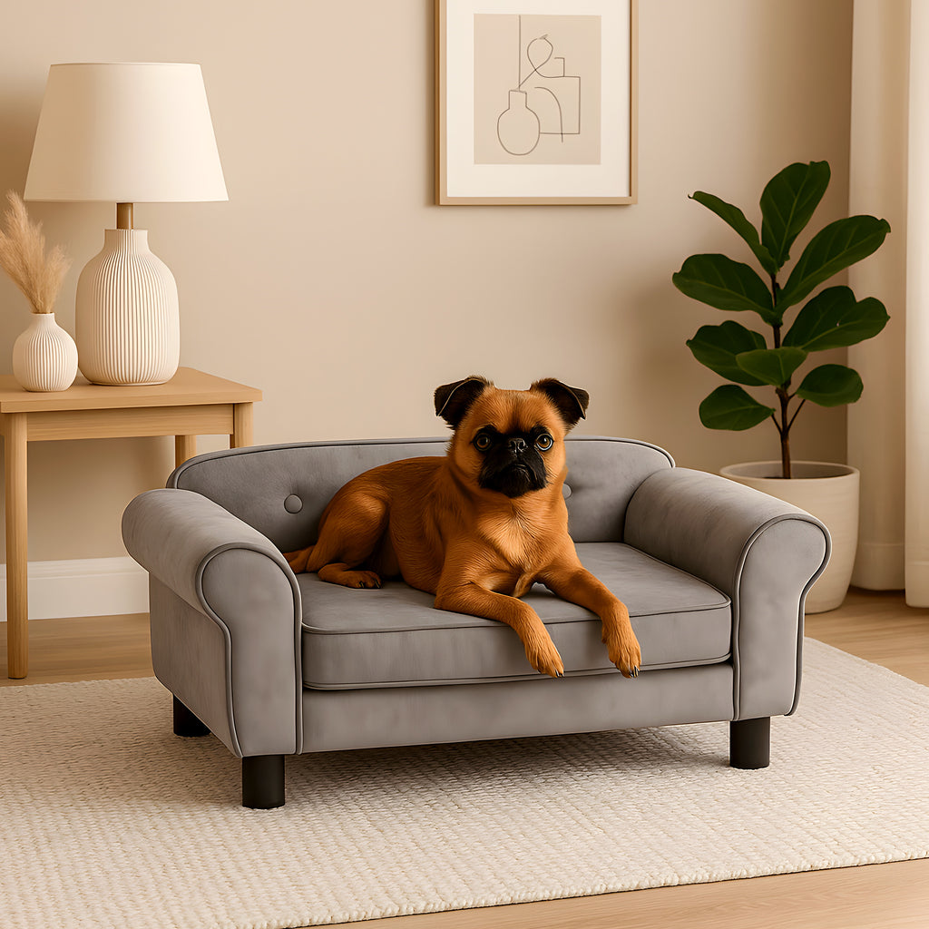 Petit canapé capitonné gris en peluche pour mini chien