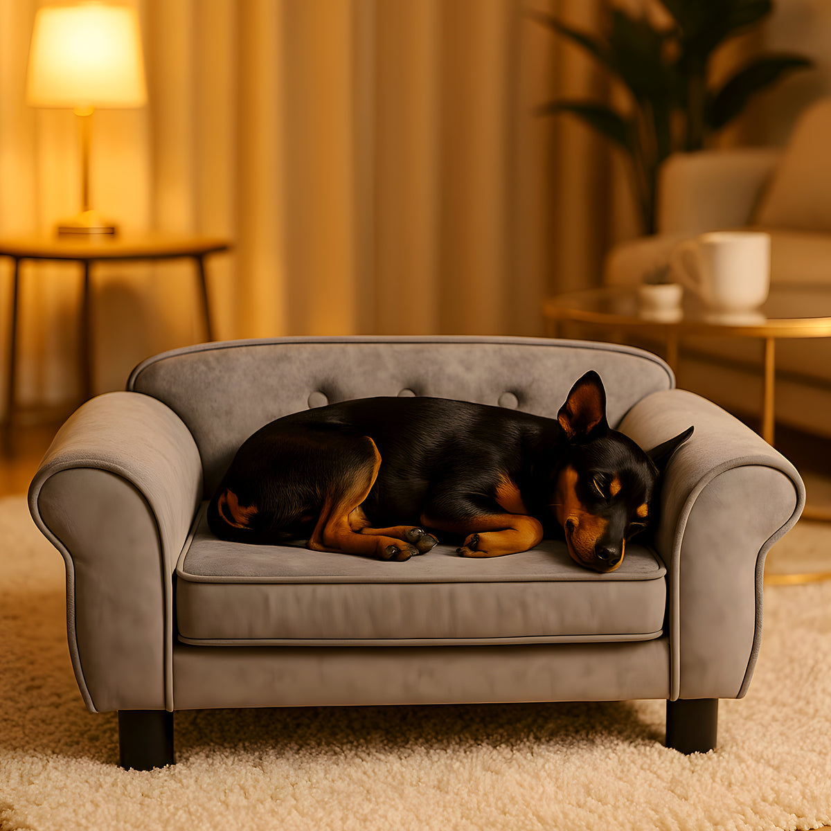 Petit canapé capitonné gris en peluche pour mini chien