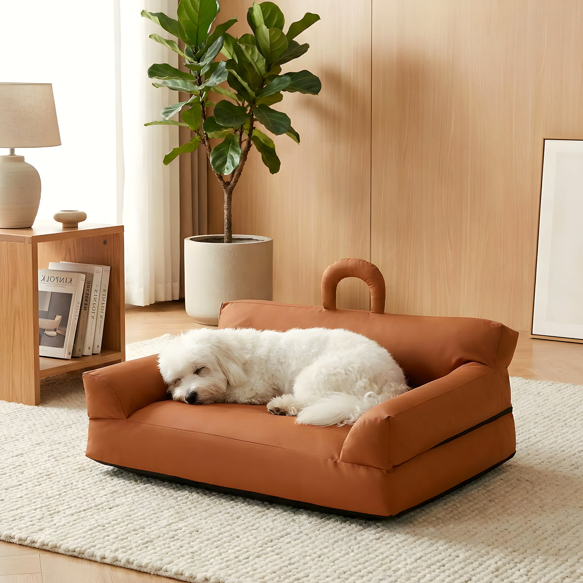 Petit canapé en cuir vegan marron pour chien
