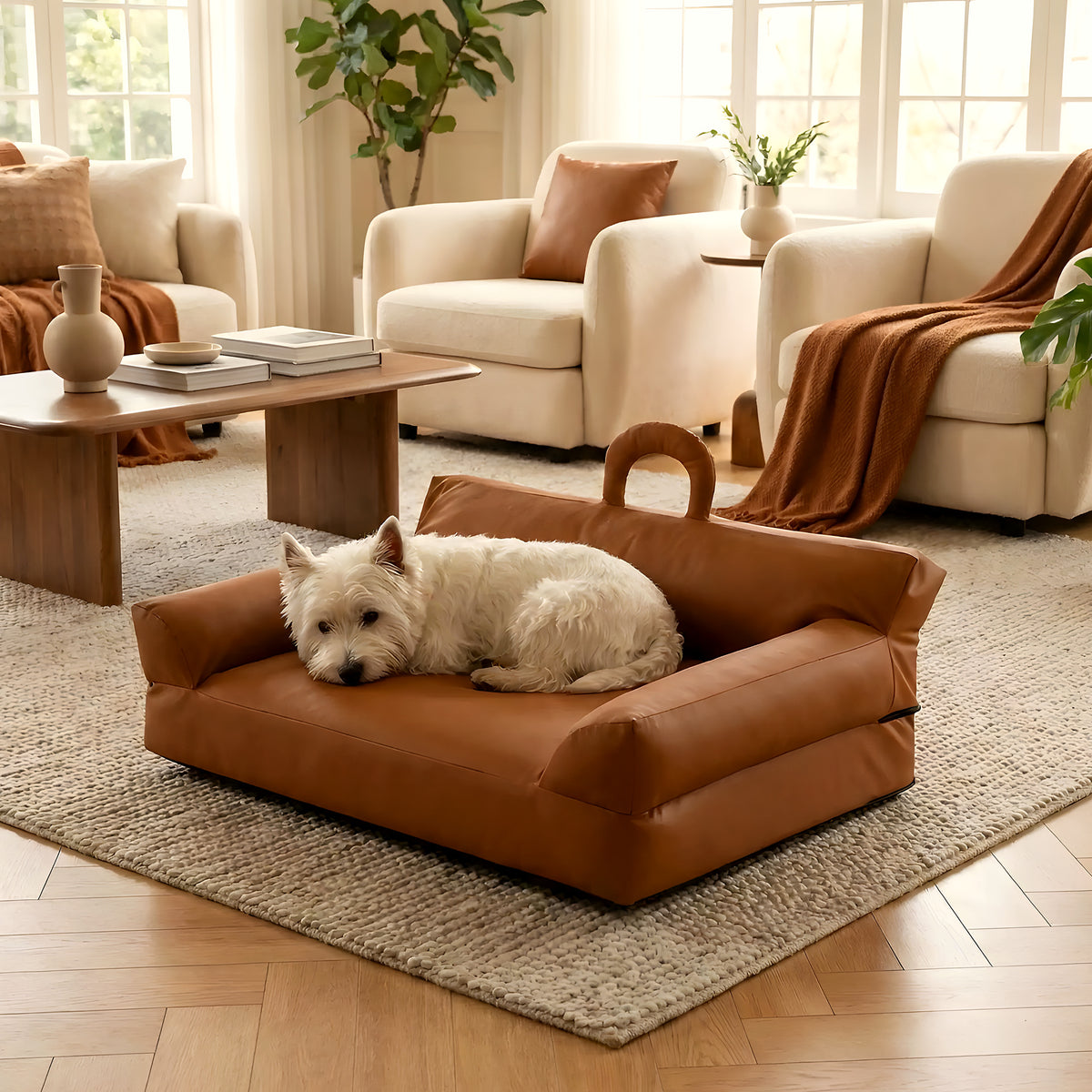 Petit canapé en cuir vegan marron pour chien