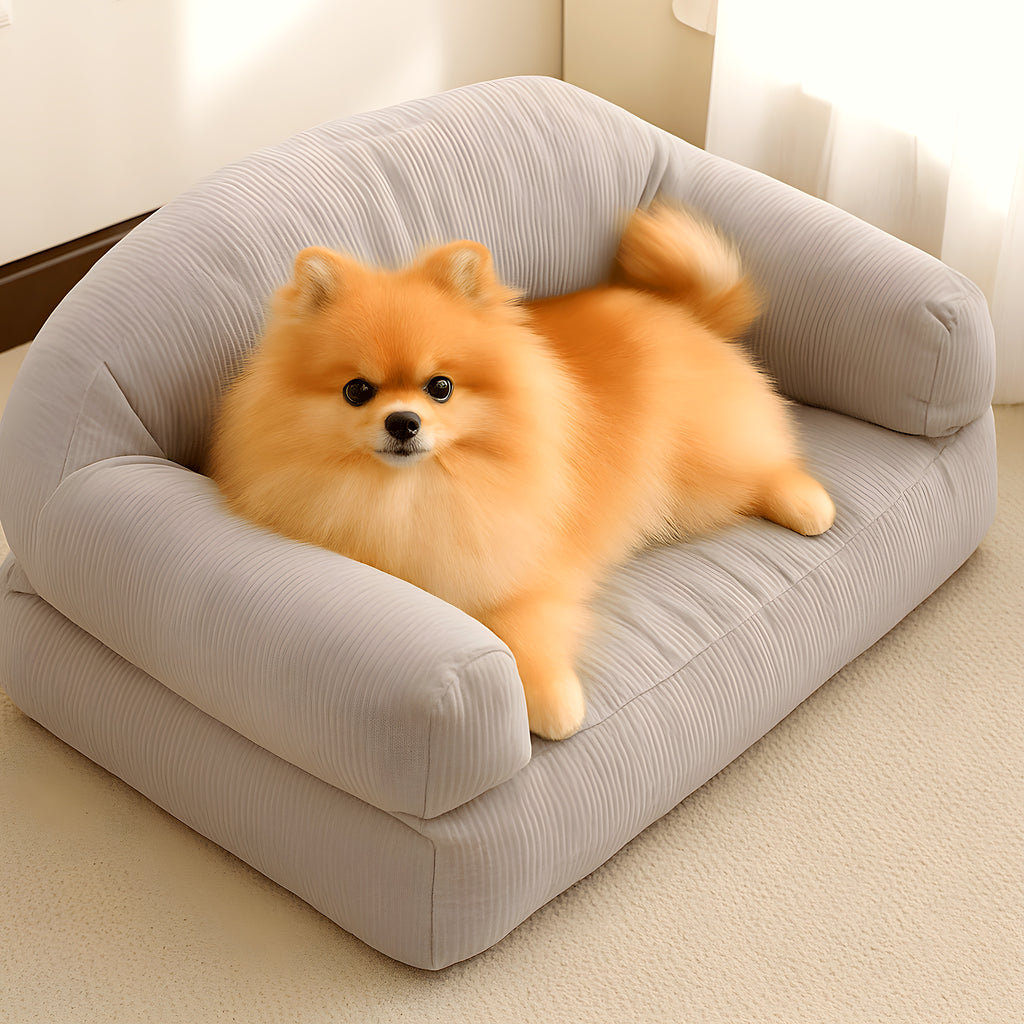Petit canapé en velours côtelé vert ou gris pour chien