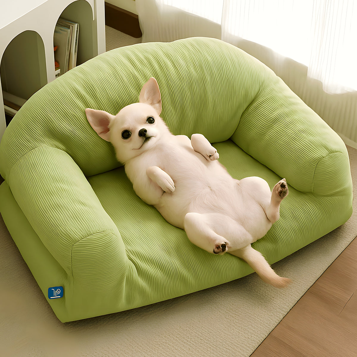 Petit canapé en velours côtelé vert ou gris pour chien