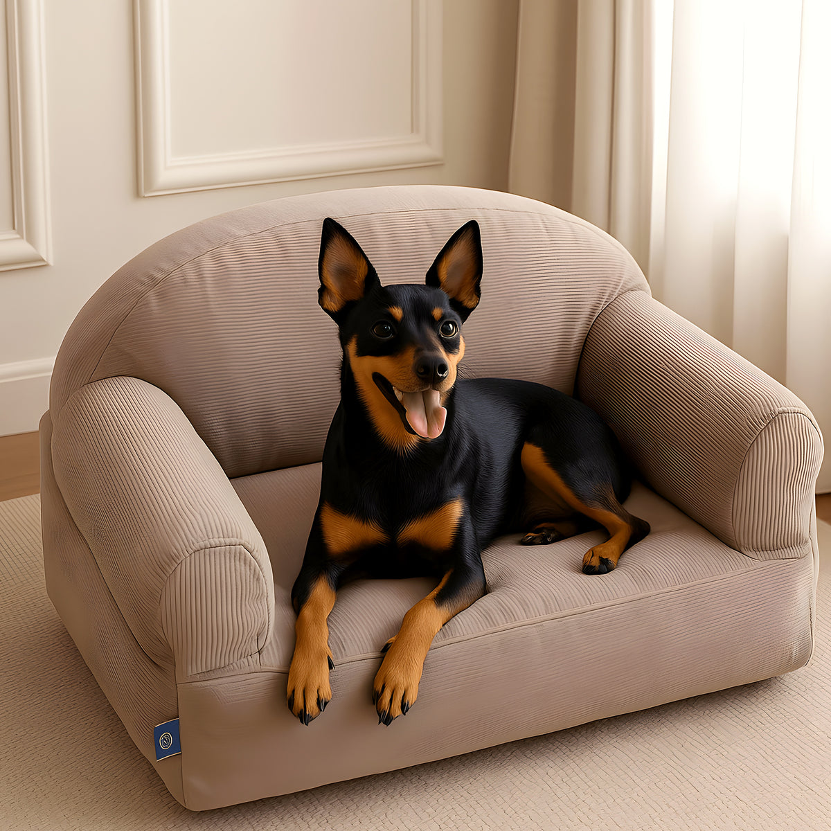 Petit canapé en velours côtelé vert ou gris pour chien