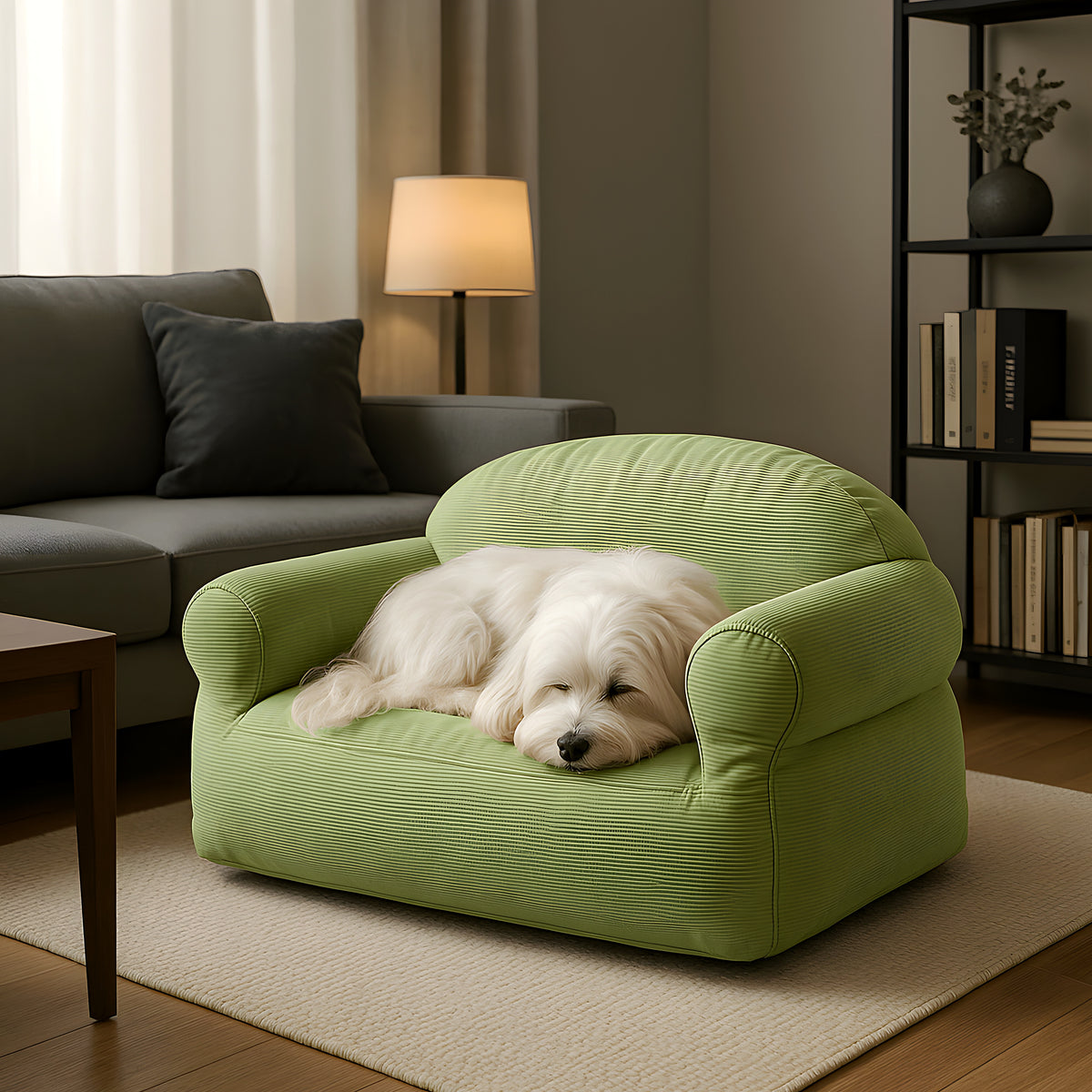 Petit canapé en velours côtelé vert ou gris pour chien