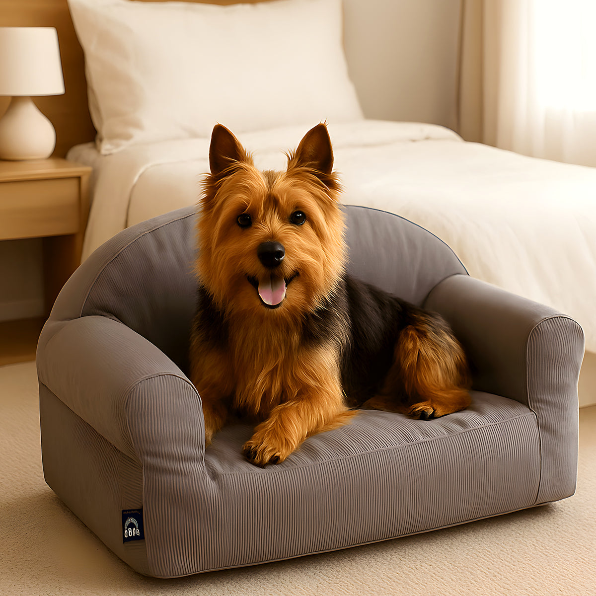 Petit canapé en velours côtelé vert ou gris pour chien
