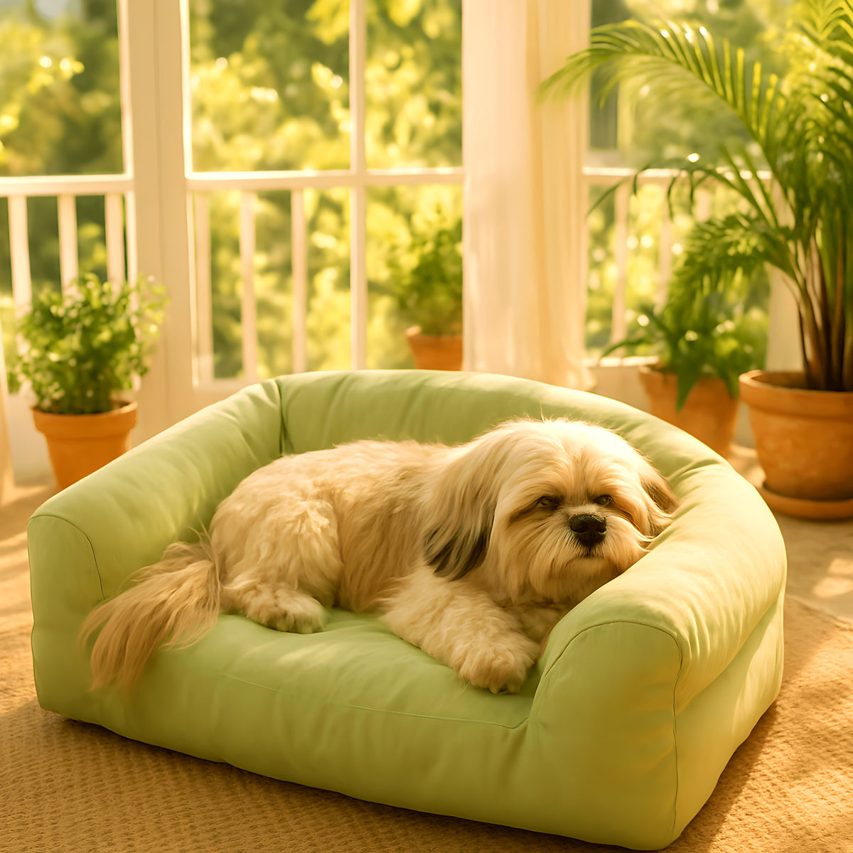 Petit canapé en velours côtelé vert ou gris pour chien