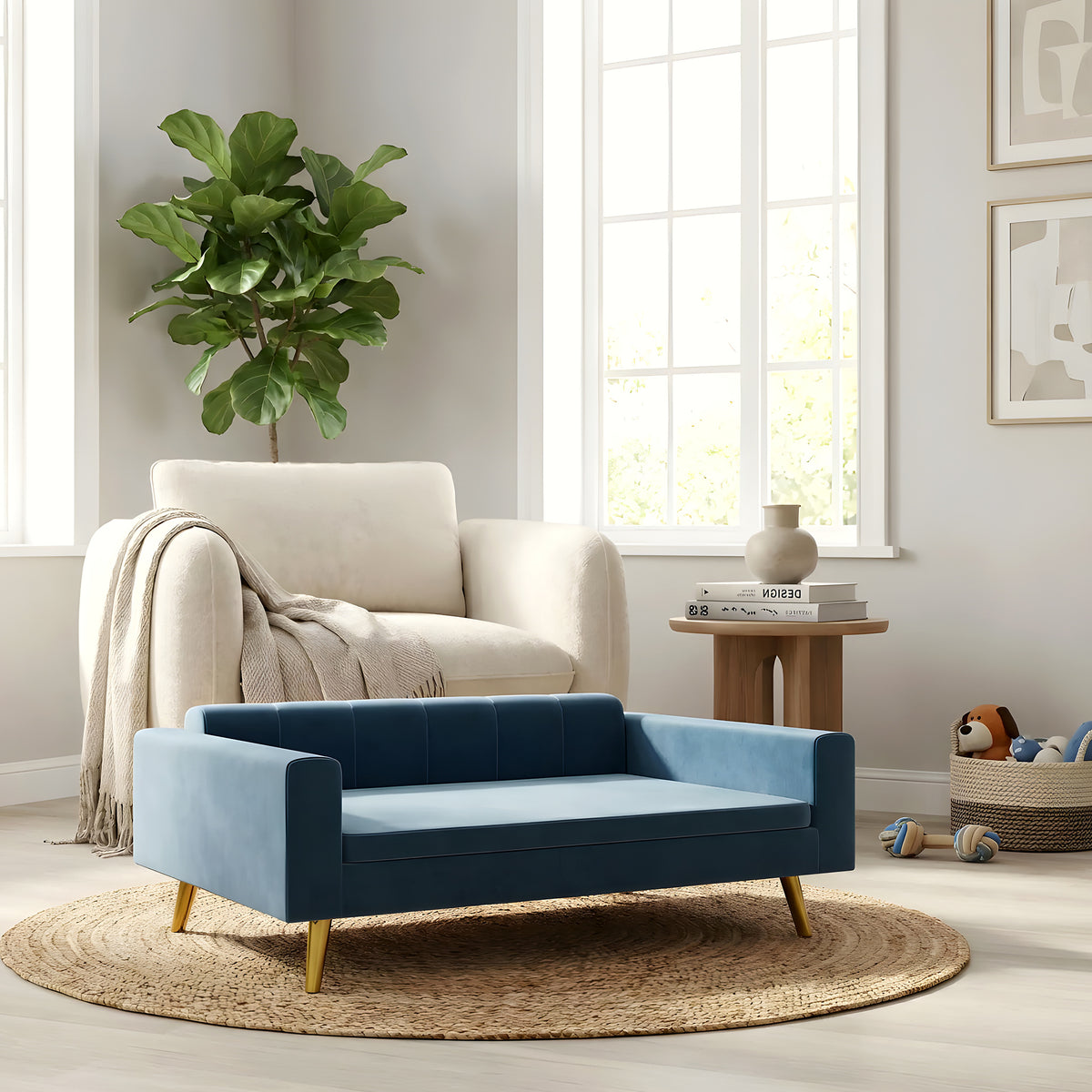 Petit canapé scandinave bleu pour chien