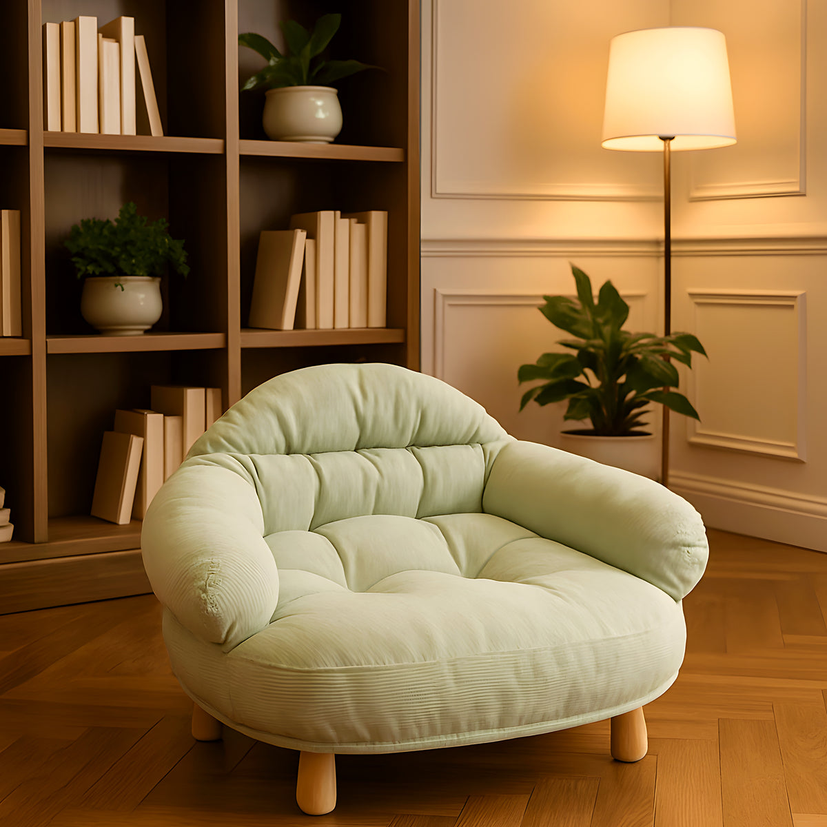 Petit canapé triangulaire en bois et coton, 3 coloris pastel
