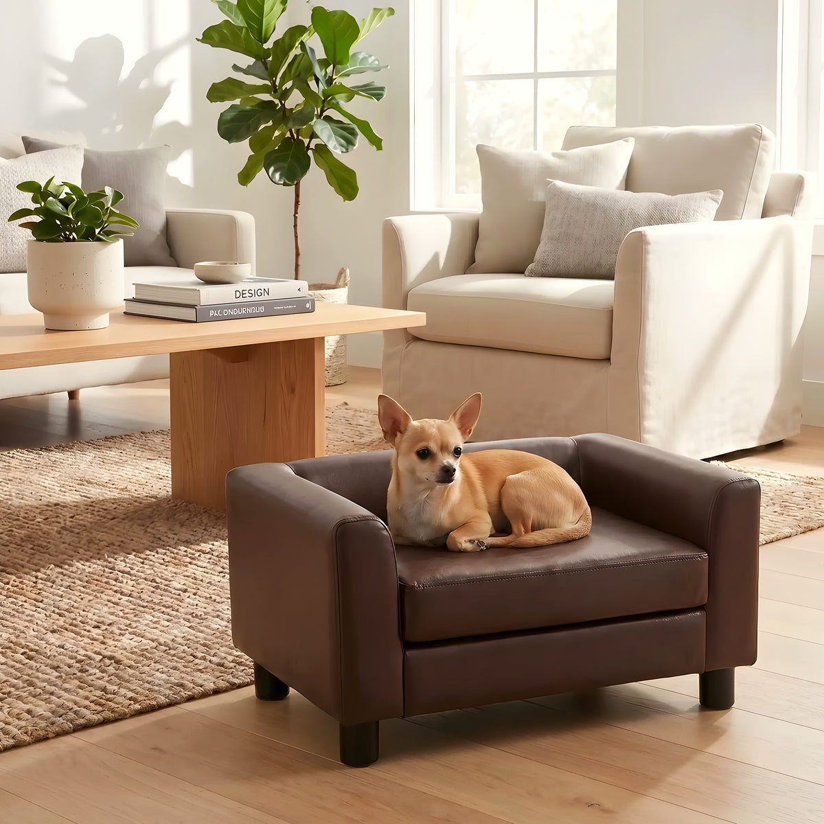 Petit fauteuil design en cuir vegan chocolat pour chien